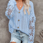 Nadorine Long Sleeve Lace Cable Knit Sweater Open Front Cardigan Button Loose Shirts