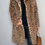 Leopard Print Lapel Long Sleeve Mid-length Plush Coat