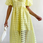 Remarkable Beauty Square Patterned Fabric Puff Sleeve Party Midi Dress