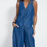 Nadorine Chic Denim Two Pieces Set Sleeveless Vest And Wide Leg Pants