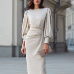 Draped Waist Puff Sleeve Midi Dress