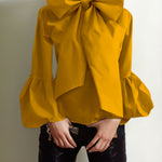 Loose Puff Sleeves Bowknot Solid Color Split-Joint Stand Collar Blouses&Shirts Tops