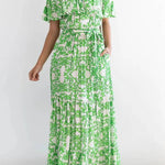Off-shoulder short-sleeved printed ruffled maxi dress