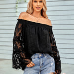 Nadorine Off The Shoulder Tops Floral Print Casual Loose Chiffon Bell Sleeve Blouse Shirts