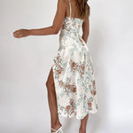 Spaghetti Strap Midi Dresses Sexy Deep V Neck Backless Floral Print Side Slit Maxi Dress