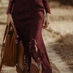 Vintage Bohemian Blue Lace Long Sleeve Midi Dress
