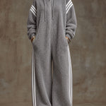Casual Loose-fitting White Striped Gray Fleece Zip-up Jumpsuit