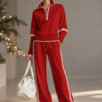 Retro Sporty Webbing Grey-white Half-zip Sweatshirt And Wide-leg Pants Set
