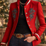 Ruffled Stand-up Collar Single-breasted Rose Embroidered Jacket