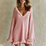 Casual And Stylish Pink Knitted V-neck Tassel Mini Dress