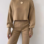 Women's Knitted Two Pieces Sets Turtleneck Cropped Sweater with High-waisted Flared Pants