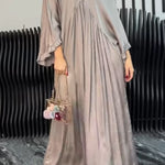 Satin Solid Color V-neck Lotus Leaf Sleeve Loose Pleated Maxi Dress