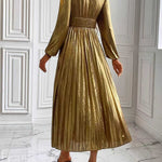 Long Sleeves Pleated Shiny Smocked Deep V-Neck Maxi Dresses