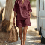 Minimalist Cozy V-neck Blouse and Shorts Set