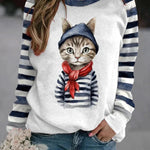 Women's Clothes Cat Print Striped Long Sleeve Sweatshirt