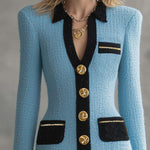 Vintage Classic V-neck Front Metal Button Black Trim Sky Blue Tweed Mini Dress