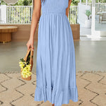 Summer Boho Spaghetti Strap Square Neck Solid Color Ruffle A Line Beach Long Maxi Dress