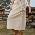 Nadorine Women's Casual High Waist Denim Midi Skirt Drawstring Adjustable Long Jeans Skirt with Pockets