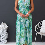 Margovil V Neck Waisted Cut Out Floral Pleated Maxi Dress