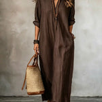 HAVEN | Long Sleeve Maxi Dress V-Neck Striped Style with Side Pockets