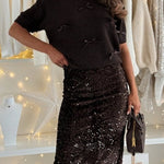 Back Slit Glitter Sequin Midi Skirt