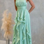 Halter Neck Waisted Ruffle Maxi Dress
