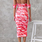 Off Shoulder Ruched Mesh Overlay Slim Fit Floral Midi Dress