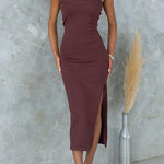 Strapless Tube Slit Ribbed Knit Midi Dress