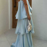 Margovil Spaghetti Strap Ruffle Layered Satin Maxi Dress