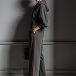Women's Dark Gray Air Layer Red Contrasting Edge Hooded Sweatshirt And Straight Pants Set