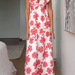 Ruffle V Neck Tie Back Floral Print Maxi Dress