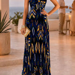 Sweetheart Neck Aztec Print Pleated Maxi Dress