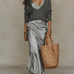 Elegant Knitted Pullover Top and Satin Midi Skirt Set