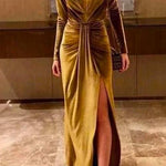 Margovil Deep V Neck Ruched Split Velvet Maxi Dress(5 Colors Available)