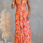 Backless Cut Out Floral Print Ruffle Slit Maxi Cami Dress