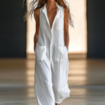 Casual Loose Retro White Breathable Linen Sleeveless Wide Leg Pants Jumpsuit