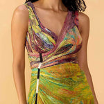 V Neck Sleeveless Printed High Slit Maxi Dress