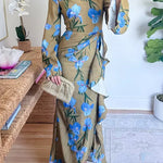 Bell Long Sleeves Floral Print Draped Slit Maxi Dress
