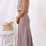 High Neck Zipper Back Waisted Satin Midi Dress