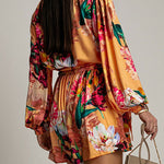 Wrap V Neck Long Sleeves Tie Waist Floral Print Romper
