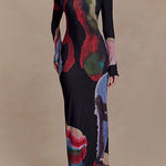 Boat Neck Long Sleeves Watercolor Print Maxi Dress