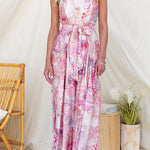 Strapless Bow Waist Floral Print Slit Wide Leg Jumpsuit
