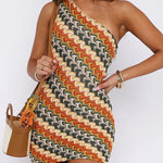 Margovil One Shoulder Sleeveless Color Block Crochet Mini Dress