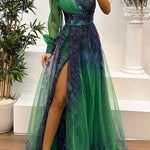 Margovil One Shoulder Long Sleeve Mesh Printed Slit Maxi Dress