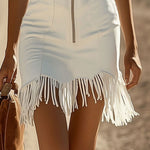 Fashion Vintage White Stretch Denim Sleeveless Tassel Mini Dress