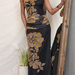 One Shoulder Ruched Floral Print Maxi Dress with Statement Strap