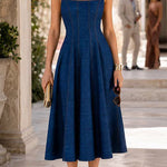 Square Neck Open Back Fit & Flare Denim Midi Dress
