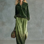 Trendy Retro Sporty Green Velvet Top And Leopard Print Wide-leg Pants Set