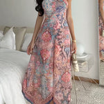 Halter Neck Open Back Floral Print Maxi Dress