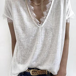 Margovil  V Neck Solid Lace Blouse Top